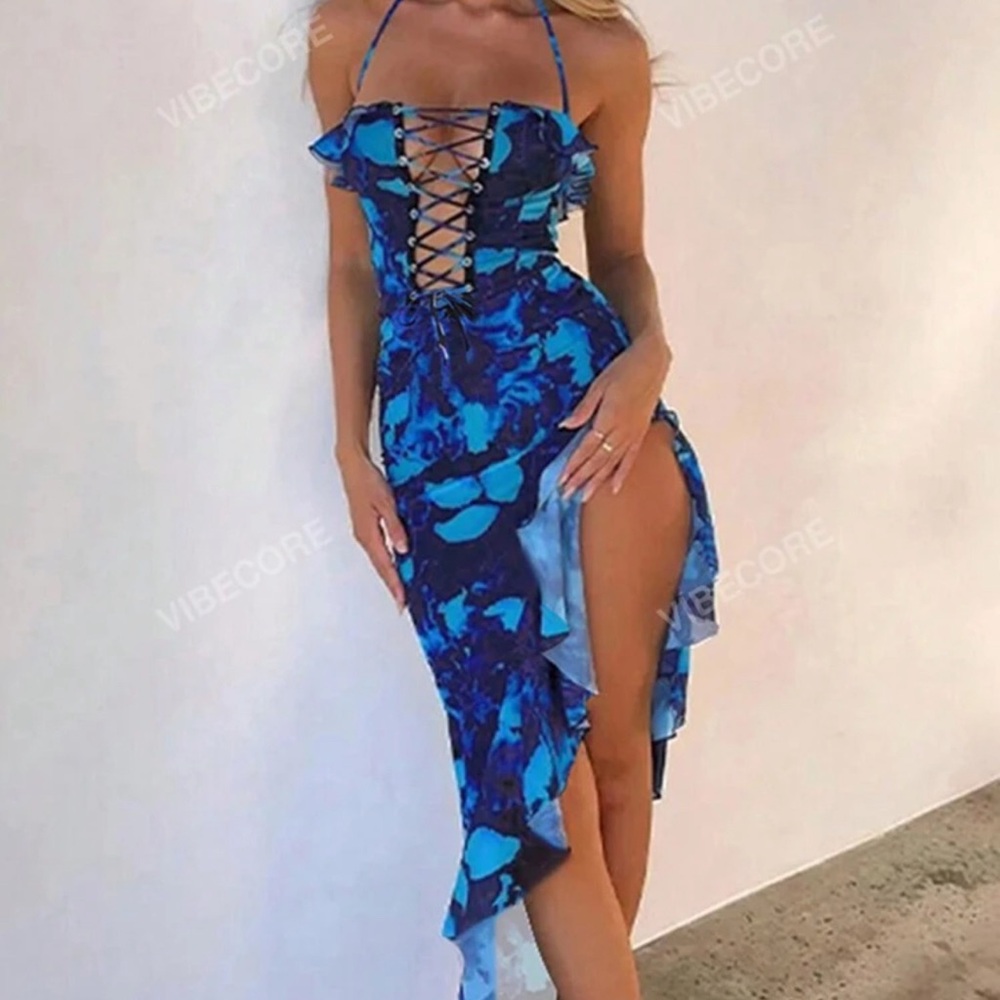 SHEIN Blue Asymmetrical Halter Sundress
